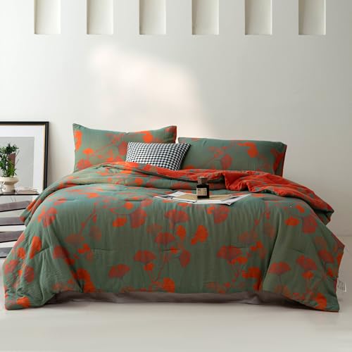 "Purefair 100% Cotton Muslin Jacquard Comforter Set, Floral Ginkgo Leaves Print, Soft Lightweight Reversible 3 Piece Bedding Sets for All Season, Green Orange, Full/Queen(90""x90"")"