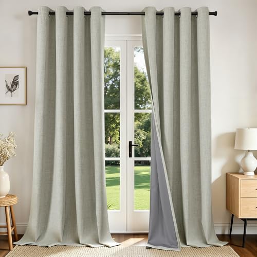 Joydeco 100% Blackout Linen Curtains 95 Inches Long 2 Panels, Thermal Insulated Burlap Curtain & Drapes, Grommet Room Darkening Textured Curtains for Bedroom Living Room (52x95 inch,Light Beige)