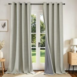 Joydeco 100% Blackout Linen Curtains 95 Inches Long 2 Panels, Thermal Insulated Burlap Curtain & Drapes, Grommet Room Darkening Textured Curtains for Bedroom Living Room (52x95 inch,Light Beige)