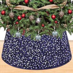 OMKSIH Navy Blue Velvet Christmas Tree Skirt - Sequin Trim, 23.6 Inch Tree Collar Base Cover