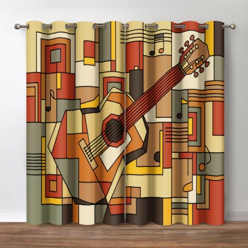 "Jekeno Music Guitars Blackout Curtains - Room Darkening Window Drapes Funky Fractal Geometric Square Shaped Background Print Decor Home Bedroom Living Room Grommet Window Drapes 2 Panel Set, 52""x84"""