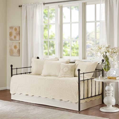 "Madison Park Daybed Cover Set-Trendy Damask Quilting with Scalloped Edges All Season Luxury Bedding with Bedskirt, Matching Shams, Decorative Pillow, 75""x39"", Tuscany Cream, 6 Piece"