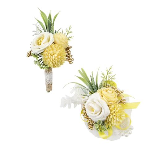 Ansofi Yellow Corsage and Boutonniere Set Artificial Rose Flower - Wrist Corsage Wristlet and Boutonniere for Wedding Party Prom Decoration