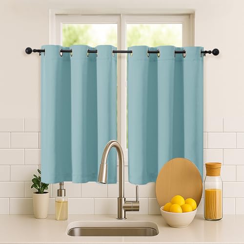 Simplebrand Aqua Short Cafe Curtains 36 Inch Length 2 Panels Set, Half Window Grommet Privacy Drape Tiers for Kitchen, Thermal Insulated Room Darkening Curtains for Bathroom Shades, W40 x L36