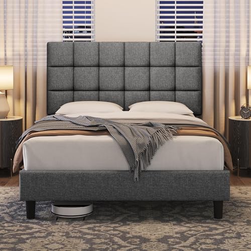 Yaheetech 4ft6 Double Bed Frame, Upholstered Headboard, Light Gray