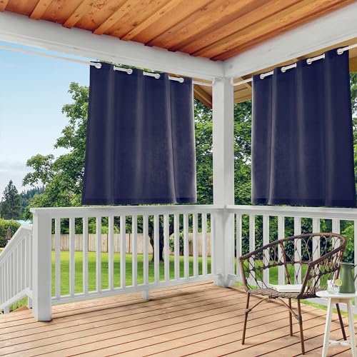 "TOWN & COUNTRY BASICS Cabana Solid Heavyweight Indoor Outdoor Curtains, Light Filtering Opacity with Grommet Top, Water Repellent, 2-Pack Set, 54""x63"", Dark Navy"