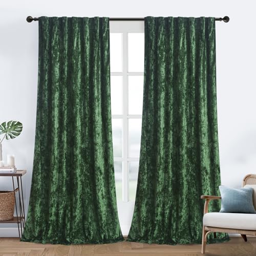 "gisewood Lux Forest Green Crushed Velvet Curtains, 2 Panel Set, Room Darkening Distressed Velvet Back Tab/Pinch Pleated Curtain, 52"" W x 84"" L for Living Room Bedroom Window Drapes"