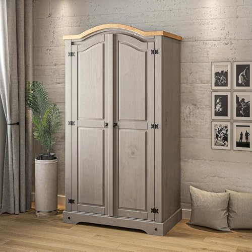 Corona Wardrobe Grey 2 Door Arch Top Solid Mexican Pine Hanging Rail and Shelf Painted Bedroom Storage