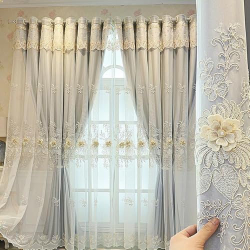Amidoudou 1 Pair Luxury European Curtains with Valance for Living Room Bedroom Double Layer Embroidered Room Darkening Curtains (Grey,51x96 Inch)