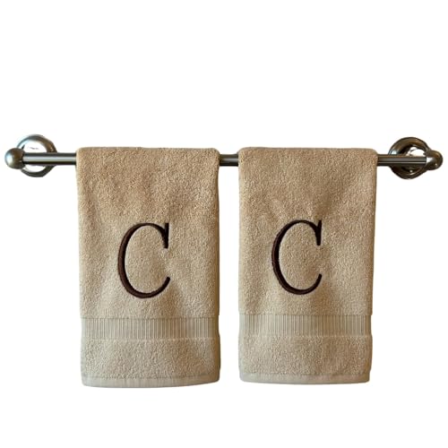 Beige with Brown Monogrammed Hand Towels for Bathroom - Set of 2 Letter C - Luxury Hotel Quality Initial Towels For Powder Room, Spa, GOTS Organic Certified