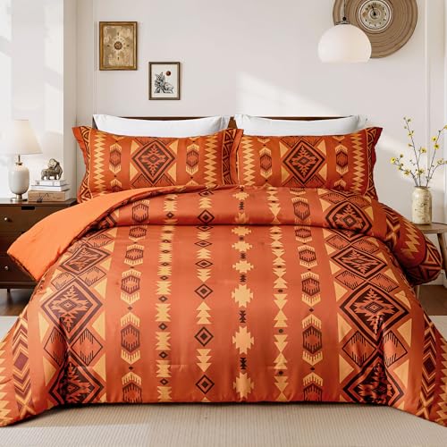 Tyrot Aztec Comforter Bedding Set with Pillow 2 Shams for All Season, King Size, Burnt Orange