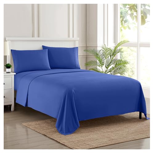 Sweet Home Collection Luxury Bedding Set with Flat, Fitted Sheet, 2 Pillow Cases, Microfiber, Royal Blue, Queen