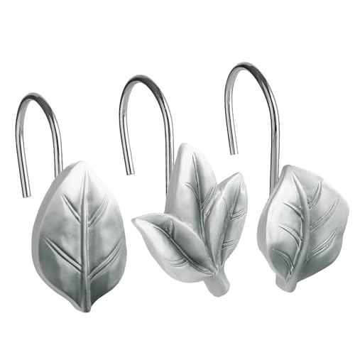 Grey Plant Leaf Shower Curtain Hooks,Eucalyptus Bathroom Decor,12PCS - Cute Decorative Leaves Shower Curtain Rings,Metal Rustproof,Easy Installation,Smooth sliding