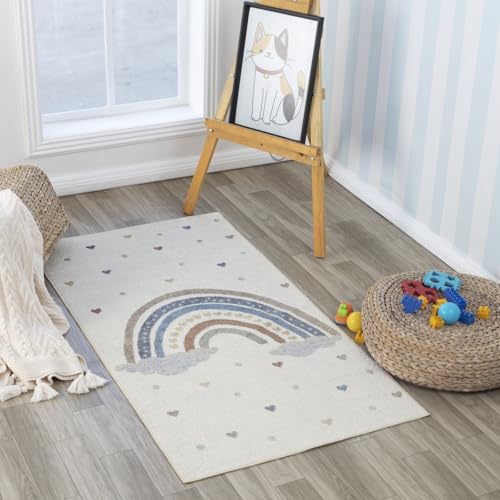 Livabliss Raini bow Washable Kids Rug, Bedroom, Nursery – 80x150 cm, Cream - Bedroom, Nursery