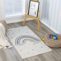 Livabliss Rainbow Washable Kids Rug - Childrens Rugs for Bedroom 80x150 cm, Machine Washable Animal Rug for Girls & Boys Bedroom, Playroom and Nursery Rugs - Girl, Boy, Baby, Kids Carpet, Cream