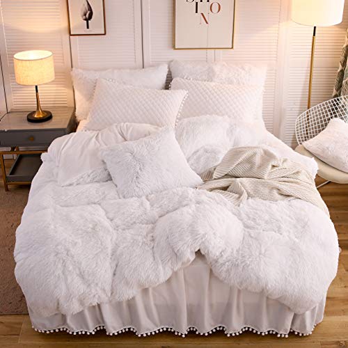 LIFEREVO Luxury Plush Shaggy Duvet Cover Set, Ultra Soft Fluffy Furry Duvet Cover Set(1 Faux Fur Fuzzy Comforter Cover + 2 Pom Poms Velvet Pillow Cases) Solid Bedding Set, Zipper Closure(King, White)