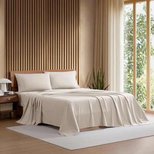 Lacoste 100% Cotton Percale 4-Piece Sheet Set – Cool, Crisp, Matte, and Durable, Oeko-Tex Certified – Solid, Pumice Stone, Full