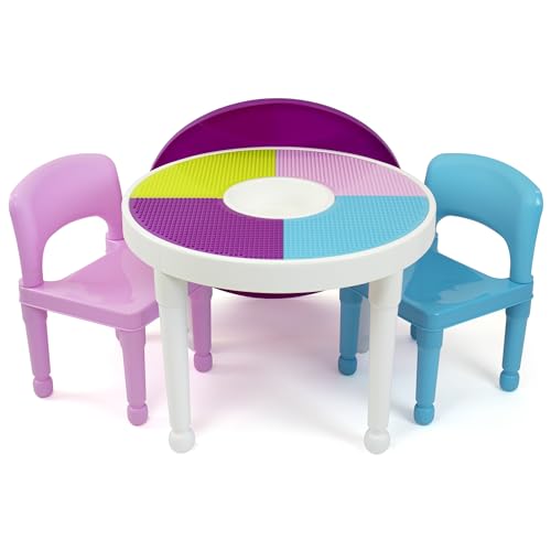 Humble Crew Forever 2-in-1 Building Blocks Compatible Round BPA Free Plastic Multi-Activity Table and 2 Chairs Set for Toddlers, Lightweight and Easy to Clean Furniture - White/Pink/Purple/Turquoise