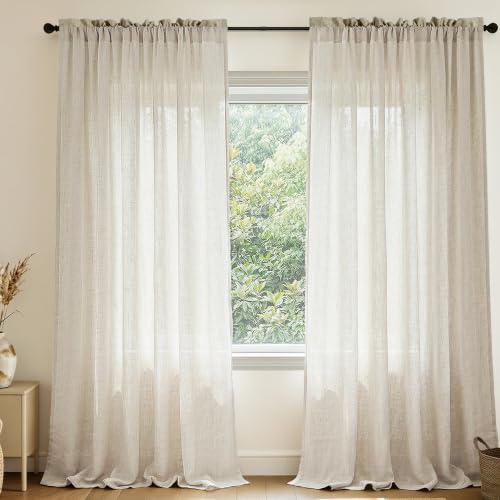 Mrs.Naturall 60 Inch Wide Curtains Beige for Living Room 2 Panel Set Pole Pocket Drape Semi Sheer Primitive Linen Extra Large Burlap Farmhouse Curtain for Bedroom Neutral Earth Width 5x8 FT Long 60x96