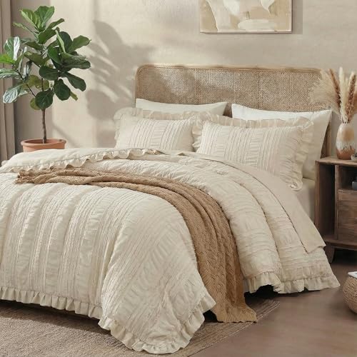MOVE OVER Beige Comforter Set Queen Boho Comforter Set 3 Pieces Beige Ruffle Comforter Set for Queen Bed Soft Microfiber Textured Design Seersucker Bedding Set with 2 Boho Pilow Shams