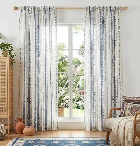 "Conkov Navy Blue and White Curtains 63 Inch Length 2 Panels Set,Vintage Boho Print Semi Sheer Linen Curtains for Living Room,Rod Pocket Window Treatment Drapes,52"" W X 63"" L,Dark Indigo Blue"