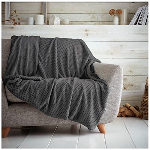 GC GAVENO CAVAILIA Premium Popcorn Honey Comb Sofa Bed Blanket, Easy Care Super Soft & Warm Fluffy Settee Waffle Throw, Charcoal, 130X150