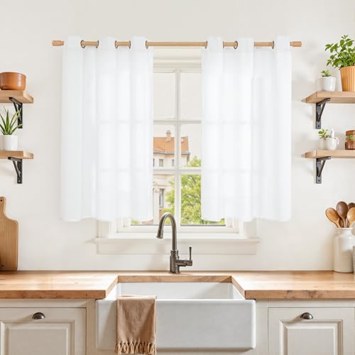 YoungsTex 40 Inch Long White Linen Curtains Short Curtains with Bronze Grommets Light Filtering for Kitchen Bedroom Bathroom Window Privacy 2 Panels 42 x 40 Inch