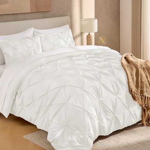 "Andency King Pinch Pleat Ivory Comforter Set 3 Piece Bedding - Lightweight Comforter with 2 Pillow Shams,104""x90"", Pintuck Fluffy, All Season Use, Boho Cute Style for Bedroom"