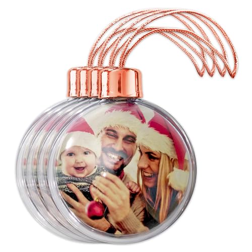 Christmas Baubles Personalised Photo Ornament Pack of 4, Large Clear Picture Hanging Tree Decoration - Ideal Stocking Fillers, Xmas Personalised Gifts, or Arts and Crafts (Rosé Gold)