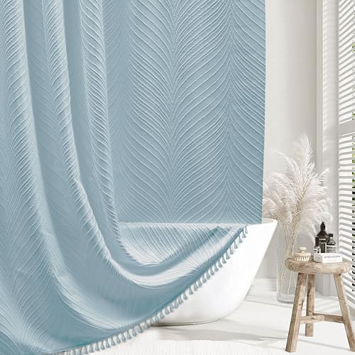 Siiluminisoy Fog Blue Boho Woven Fabric Cute Shower Curtain, 72 x 72 Tufted Leaves Textured Striped Modern Farmhouse Minimalist Cloth Shower Curtain for Bathroom