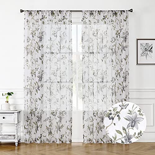 Tollpiz Flower Curtains Grey, Cherry Blossom, Butterfly Print, Voile Linen Look, White Sheer Curtains for Living Room, Bedroom, 137 (H) x 183 (W) cm, Set of 2 with Pockets for Curtain Rods