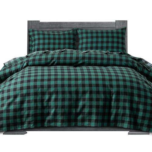 Elegant Comfort Soft 4-Piece 100% Turkish Cotton Flannel Sheet Set - Premium Quality, Deep Pocket Fitted Sheet, Ultra Soft, Cozy Warm Flannel Sheets - Full, Buffalo Check Green