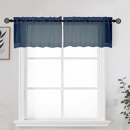"OWENIE Navy Blue Sheer Rod Pocket Valances for Living Room, Bathroom, Cafe, Laundry Room, Basement - 42"" W x 14"" L, 2 Pack"