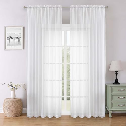 "Lecloud White Sheer Curtains 90 Inches Long 2 Panels, Light Filtering Airy Voile Curtain Drapes, Extra Wide Elegant Window Treatments for Living Room Bedroom with Dual Rod Pocket, 59"" W x 90"" L"