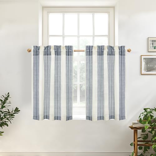 DriftAway Kitchen Curtains Striped Tier Linen Short Pinstripe Cafe Curtains 36 Inch Length for Living Room Bathroom Chris Farmhouse Rustic Rod Pocket 2 Panels Ivory Dark Blue