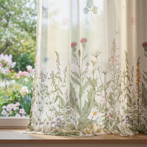 "Horaldaily Spring Sheer Curtains for Living Room and Bedroom, Wild Flowers Floral Window Curtains, Holiday Window Drapes Decor, 52"" W x 84"" L, Set of 2 Curtain Panels"
