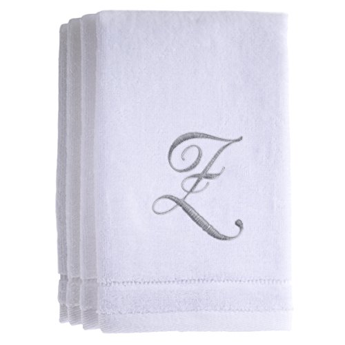 Monogrammed Towels Fingertip, Personalized Gift, 11 x 18 Inches - Set of 4- Silver Embroidered Towel - Extra Absorbent 100% Cotton- Soft Velour Finish - For Bathroom/Kitchen/Spa- Initial Z (White)