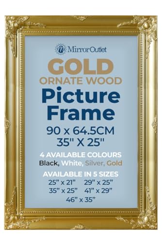 "MirrorOutlet The Antiquitus - Ornate Swept Gold Picture Frame 35"" X 25"" (90CM X 64.5CM) Wooden Frame with Glass and Backing Board Fitted. Ready To Fit Your Picture!"