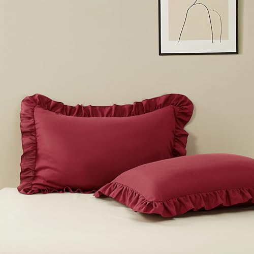 Queen Pillow Cases Set of 2, 20x30 Envelope Pillowcases Wine Red Ruffled Pillow Cases, Soft Breathable and Non Shrinking Microfiber Pillow Cases Shabby Chic Pillow Shams