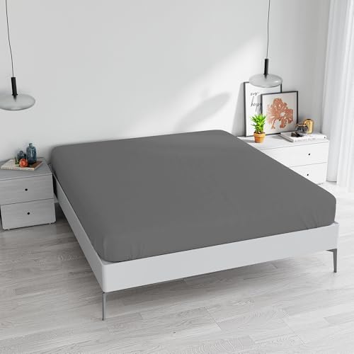 Fitted Sheet with Corners for Double Bed, Cotton, Made in Italy, Bed Linen 170 x 200 cm with Elasticated Corner 25 cm, Dark Grey