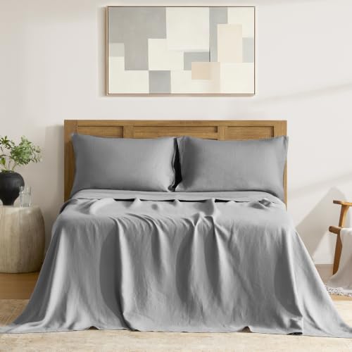 DAPU Pure Linen Sheets Set, 100% French Linen from Normandy, Breathable and Durable for Hot Sleepers, 4 Pcs Set - 1 Flat Sheet, 1 Fitted Sheet, 2 Pillowcases (Earl Gray, King)