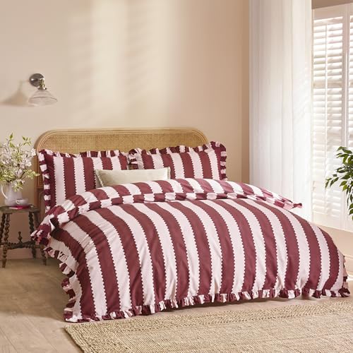 Wylder Birdie Stripe Duvet Cover Set – Reversible Ruffled Cotton Rich Striped Bedding (Burgundy/Blossom - King)