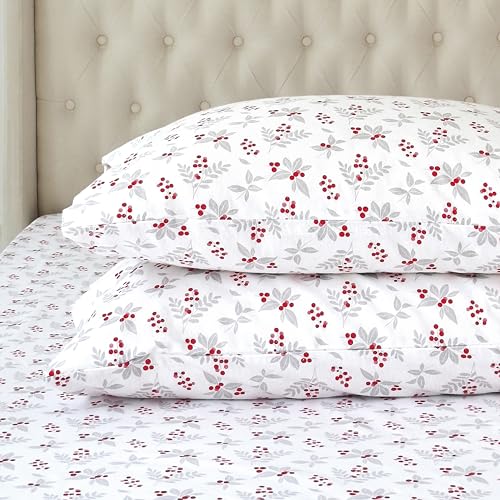 Elegant Comfort Ultra Soft 4-Piece 100% Turkish Cotton Flannel Sheet Set - Holiday Christmas Flannel Sheets, Warm and Cozy Premium Quality, Deep Pocket Fitted Sheet- Full, Holly Flower