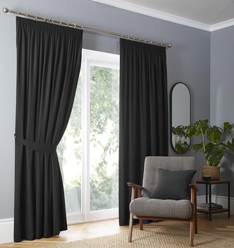 Fusion Blackout Curtains – Pencil Pleat – Thermal Insulated Drapes – W66 x L90 (168 x 229cm) – Plain Black – 2 Panels – Bedroom & Living Room Window Treatment – Light Blocking & Privacy