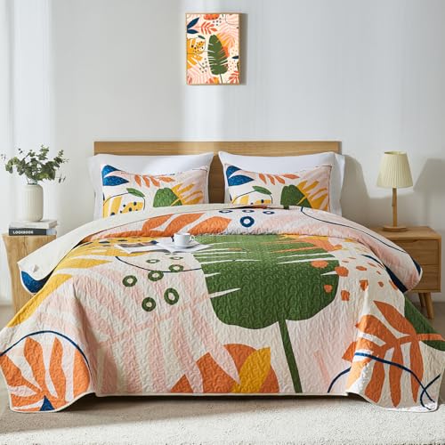 "Yogeneg Queen Quilt Bedding Set,Green Yellow Botanical Pattern White Full/Queen Quilt Set,3 Piece Lightweight Soft Summer Bedspread Coverlet with 2 PIillow Shams,All Season(White,90""x96"")"