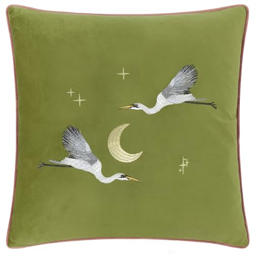 Paoletti Moonlit Flight Embroidered Velvet Feather Rich Cushion - Olive - 45x45cm