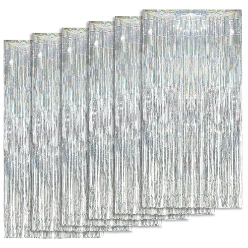 Woobroo 6 x Metal (1 x 2 m), Tinsel, Decoration Glitter foil for Wedding Party, Curtains with Fringes, Made of Aluminium, Silver, Luminium