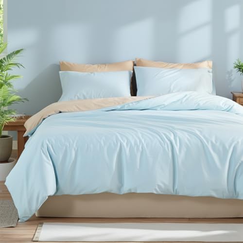 Cozaline 100% Cotton Comforter Set Twin Size ??? Light Blue, Linen-Like Texture, Super Soft & Breathable Lightweight Bedding Set, 3-Piece Durable Percale Comforter for All Seasons