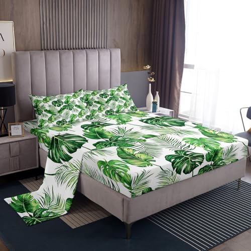 Erosebridal Palm Leaves Bed Sheets Hawaiian Sheet Set Monstera Banana Leaves Bedding Set King Size Summer Tropical Leaves Fitted Sheet for Living Room Bedroom Decor, Green White Flat Sheet
