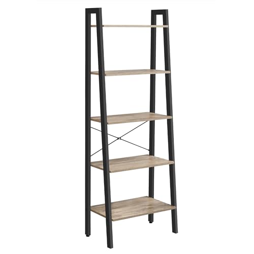 VASAGLE Ladder Shelf, 5-Tier Bookshelf, Bookcase, for Living Room, Bedroom, Kitchen, Home Office, Industrial Style, Steel Frame, Camel Brown and Black LLS045B50